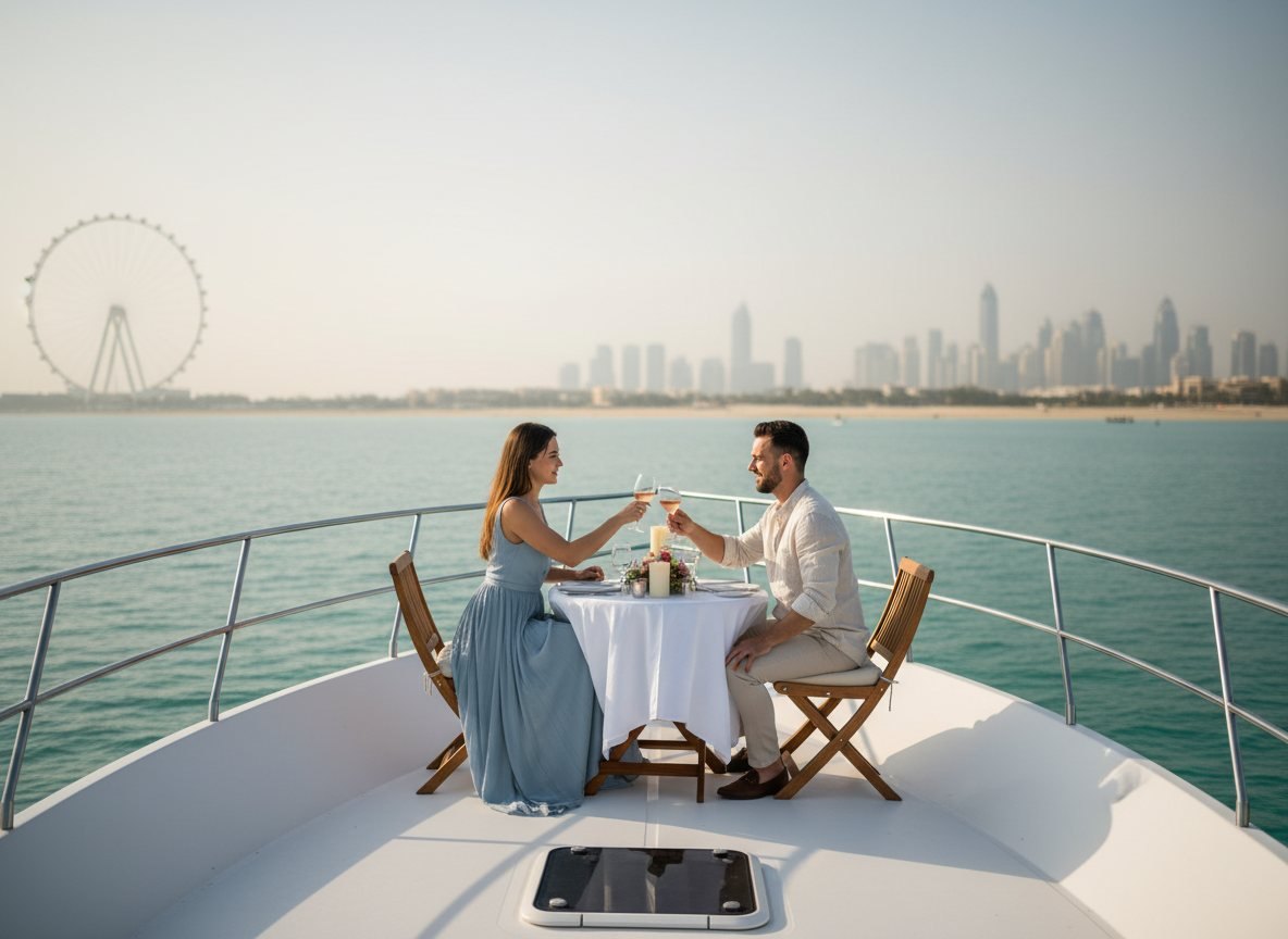Couple sharing an intimate candlelit dinner on the open bow of the yacht