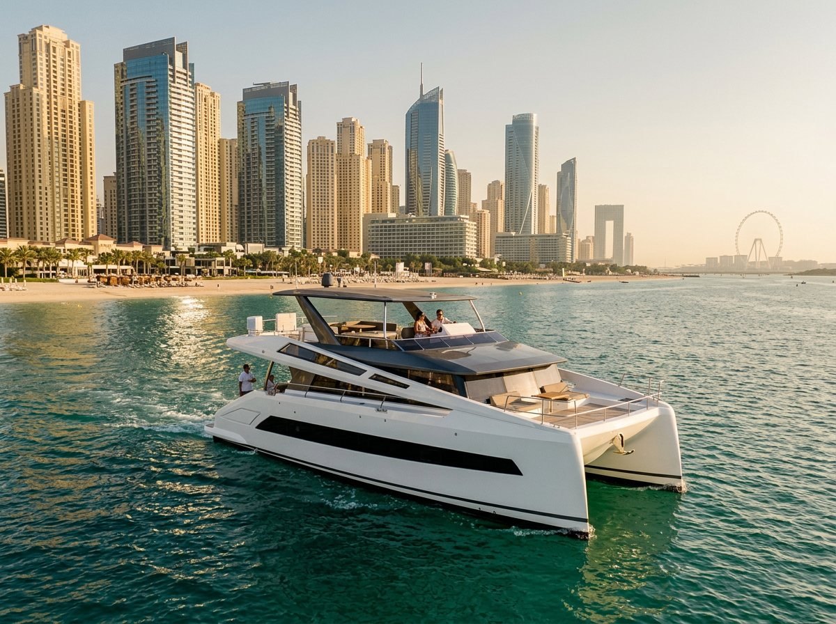 Dubai waterfront promenade featuring lush palm trees and sleek modern high-rise towers