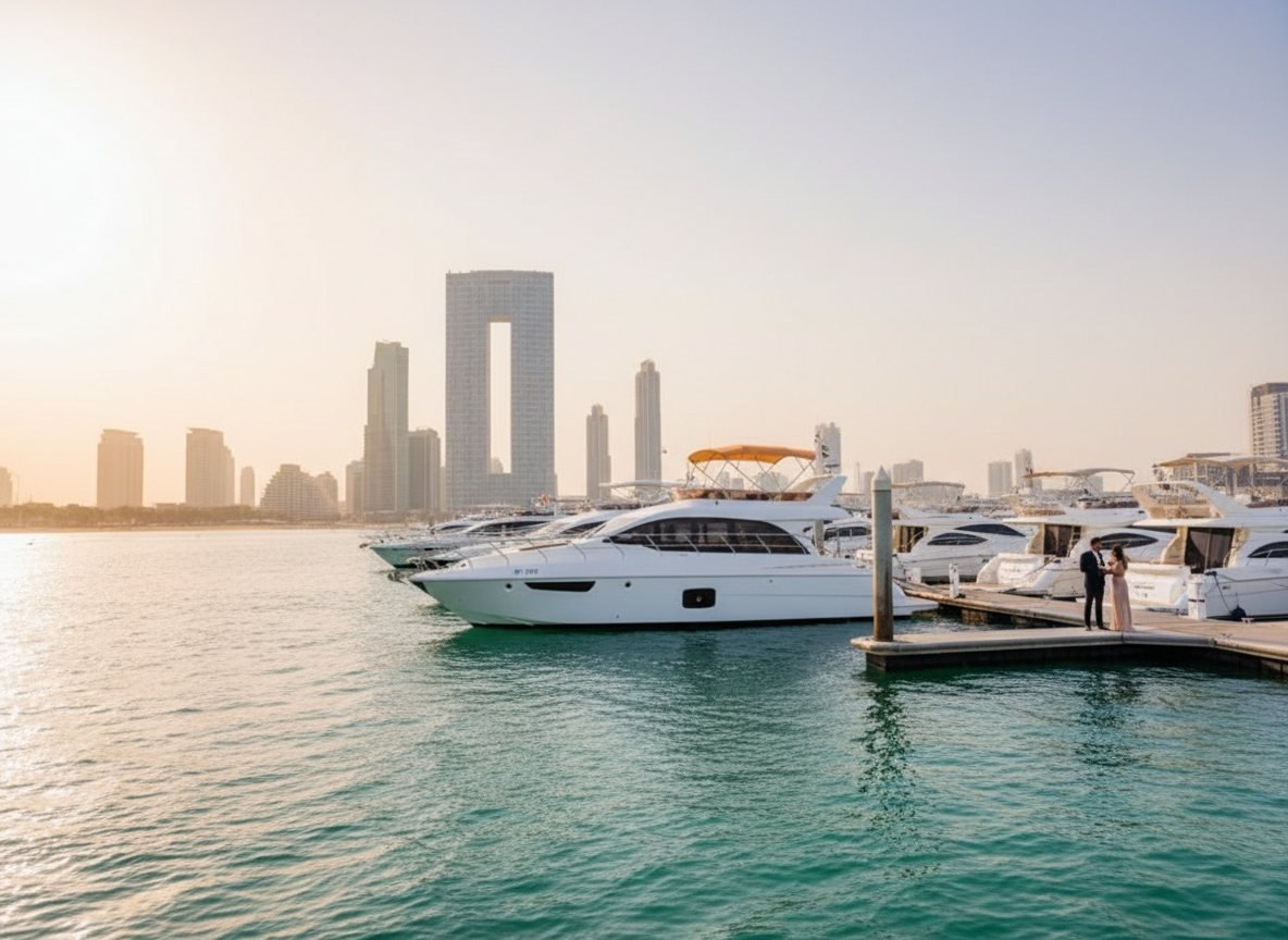 Dubai waterfront promenade featuring lush palm trees and sleek modern high-rise towers
