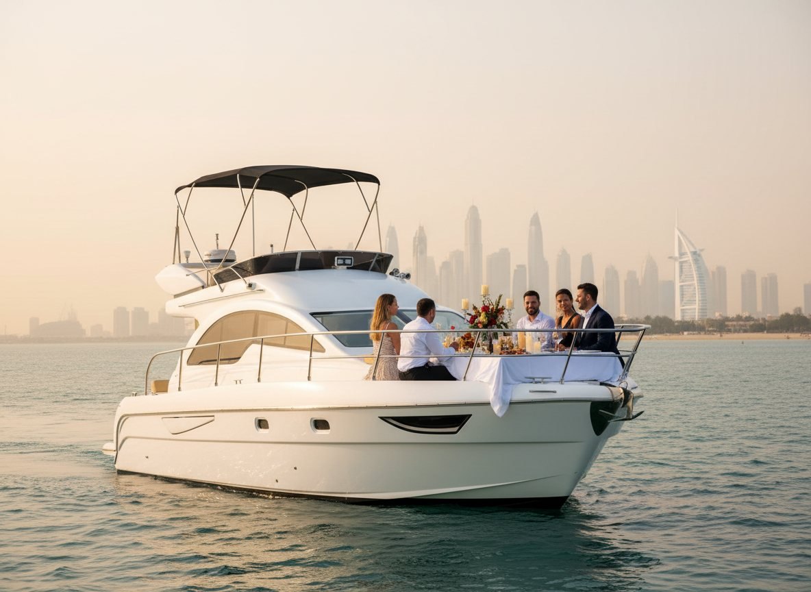 Festive outdoor dining setup on a yacht deck at night