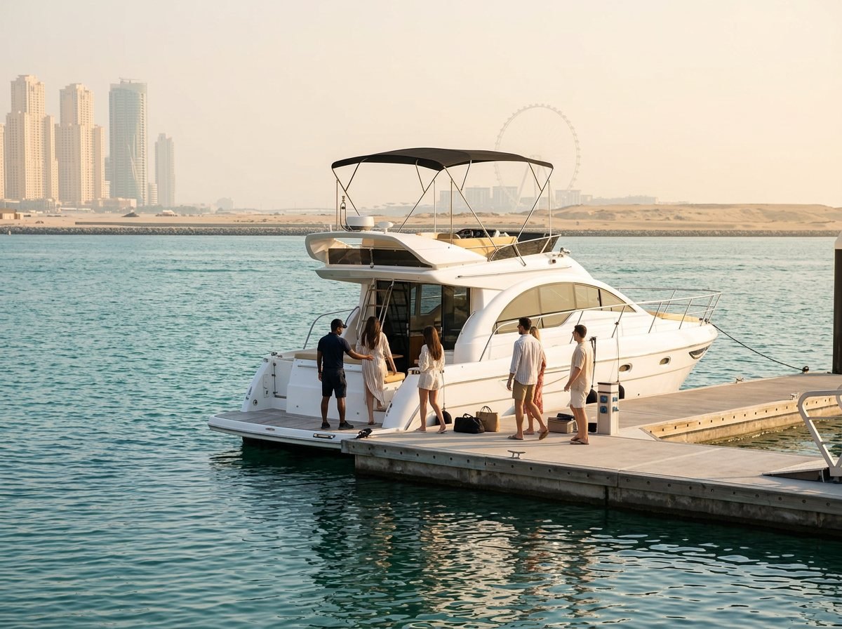 Guests walking across the gangway to board a motor yacht for charter