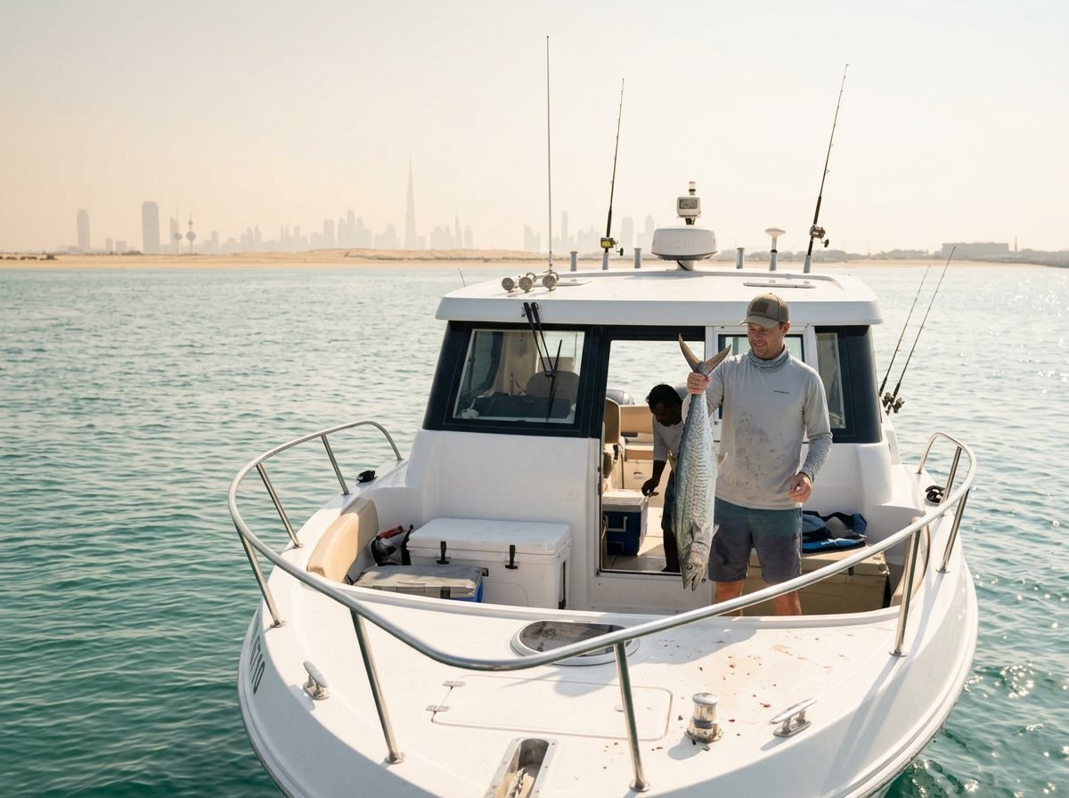 Happy angler holding a large freshly caught kingfish on the yacht deck