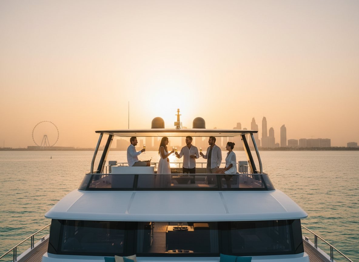 Happy guests cheering with drinks on the spacious upper flybridge deck