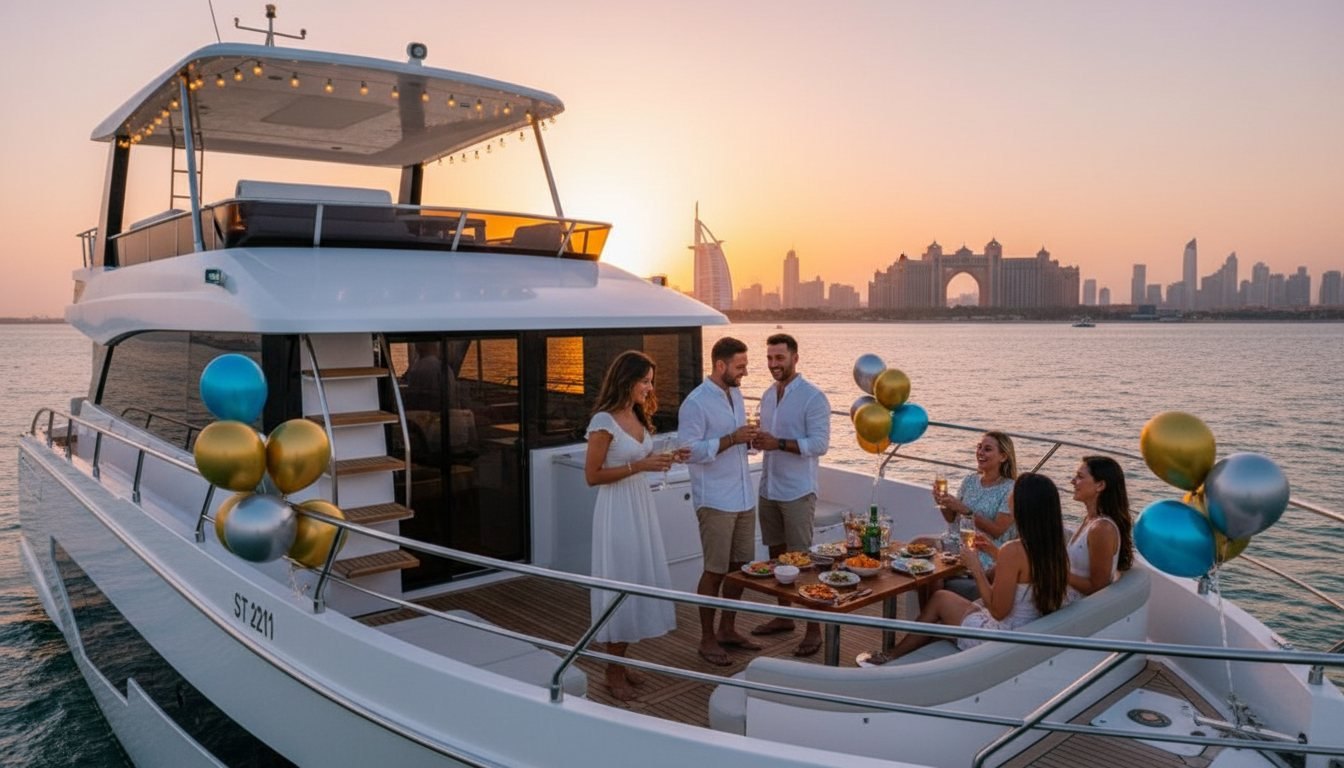 Happy guests cheering with drinks on the spacious upper flybridge deck