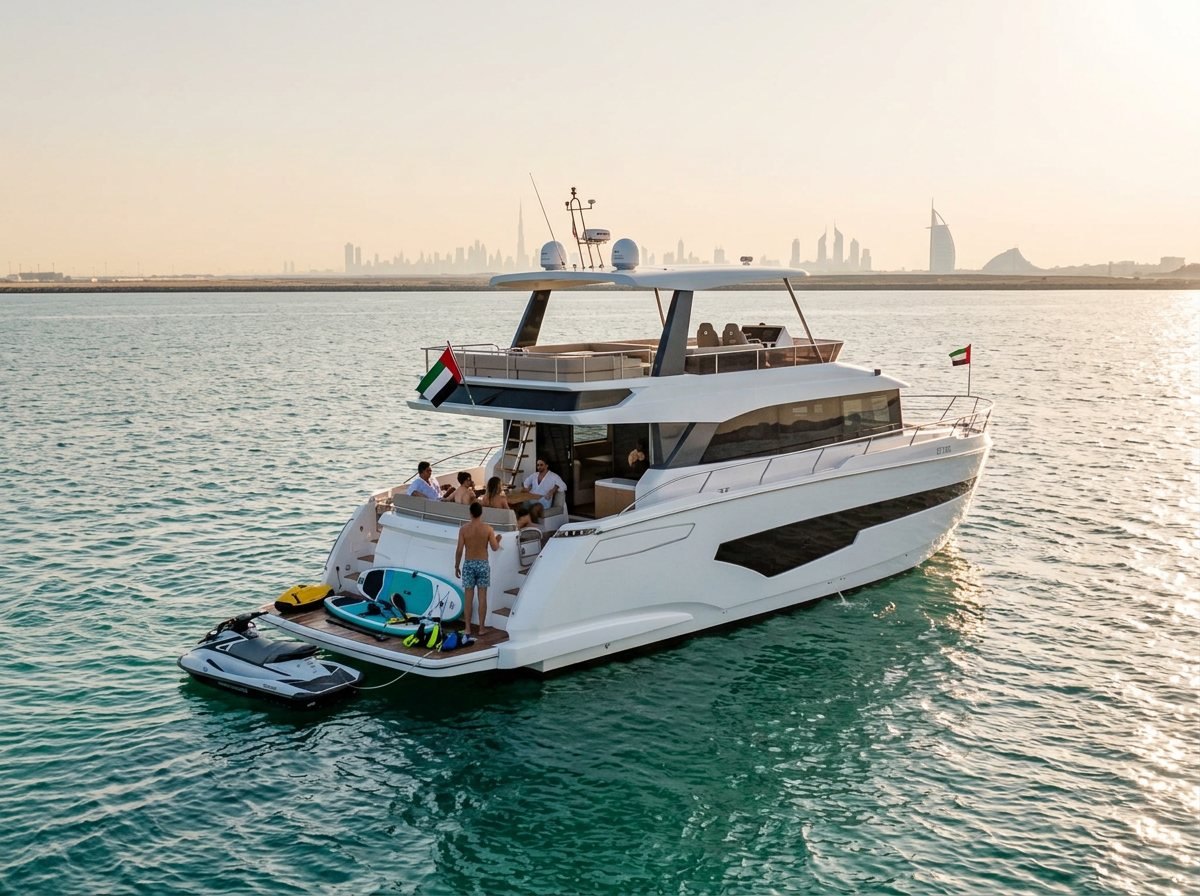 Inflatable water toys and sports gear arranged along the yacht swim deck