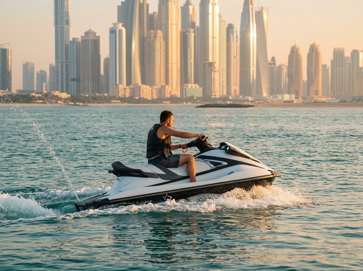 Jet ski carving through calm water with Dubai Marina towers in the distance