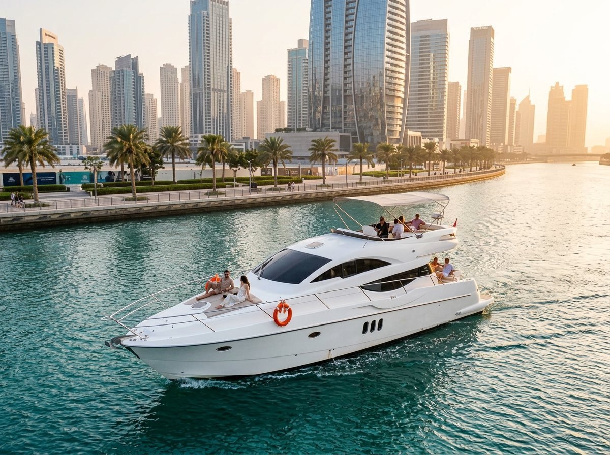 Lively Dubai coastal promenade lined with tropical palms and towering skyscrapers