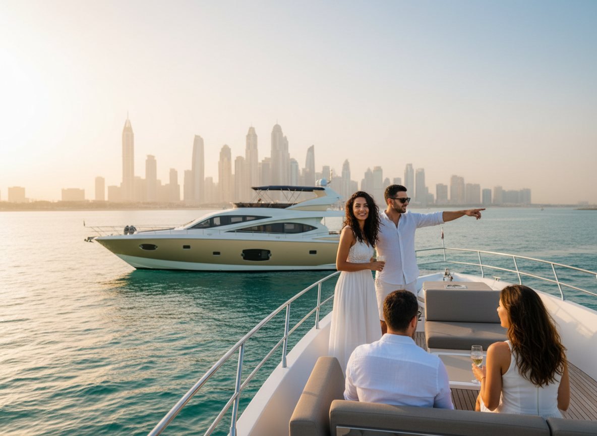 Luxury motor yacht sailing past the illuminated Dubai skyline at dusk