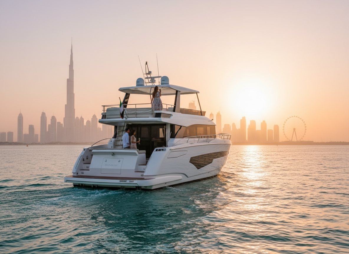 Luxury yacht gliding across the water against the illuminated Dubai city skyline