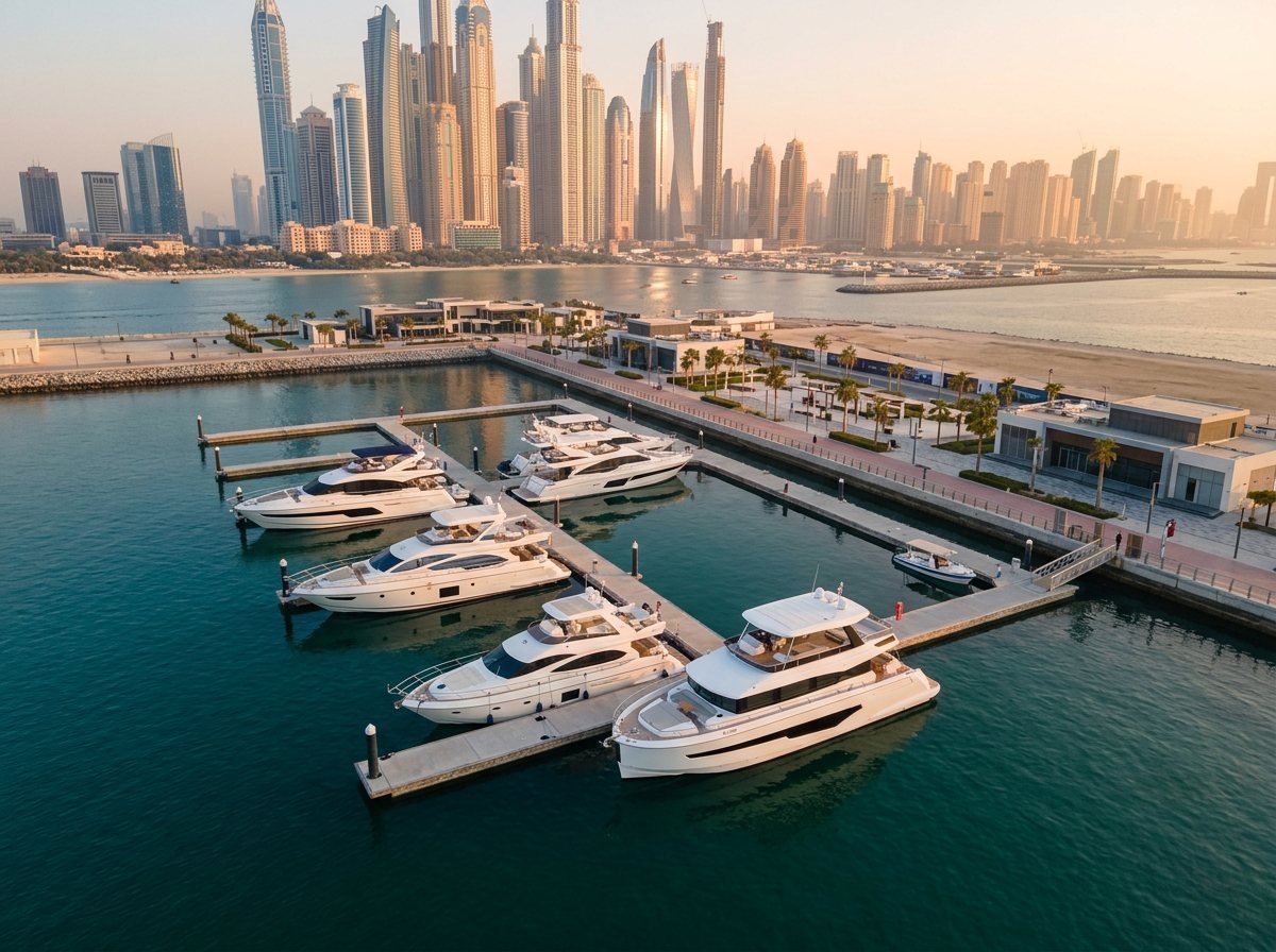 Moored motor yachts along the marina pier with Dubai towers rising behind