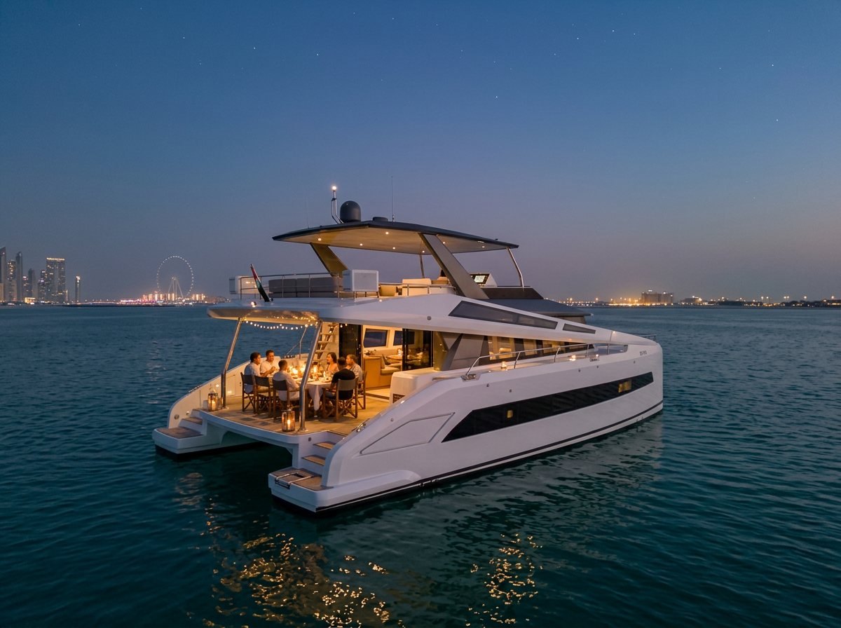 Open-air dinner served on the teak deck beneath the night sky