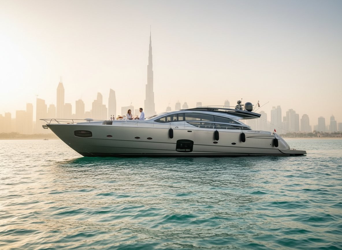 Outdoor yacht dinner setting facing a panorama of shining coastal towers