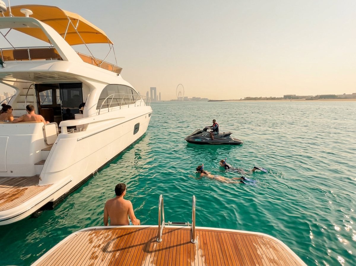 Swimmers snorkelling in clear blue water right beside a luxury yacht