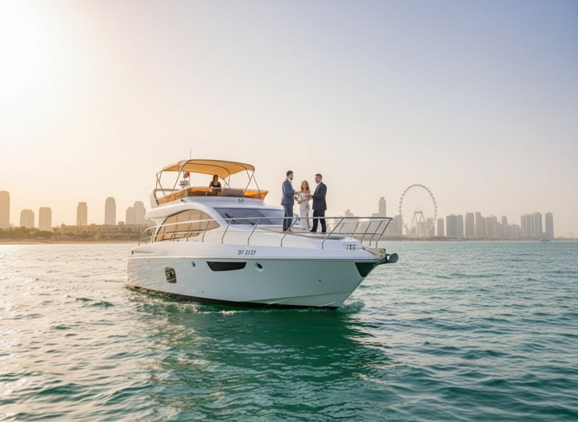 View of the city skyline rising behind the pointed yacht bow