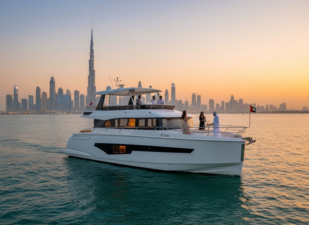 Yacht cruising across dark water beside brightly illuminated city skyscrapers