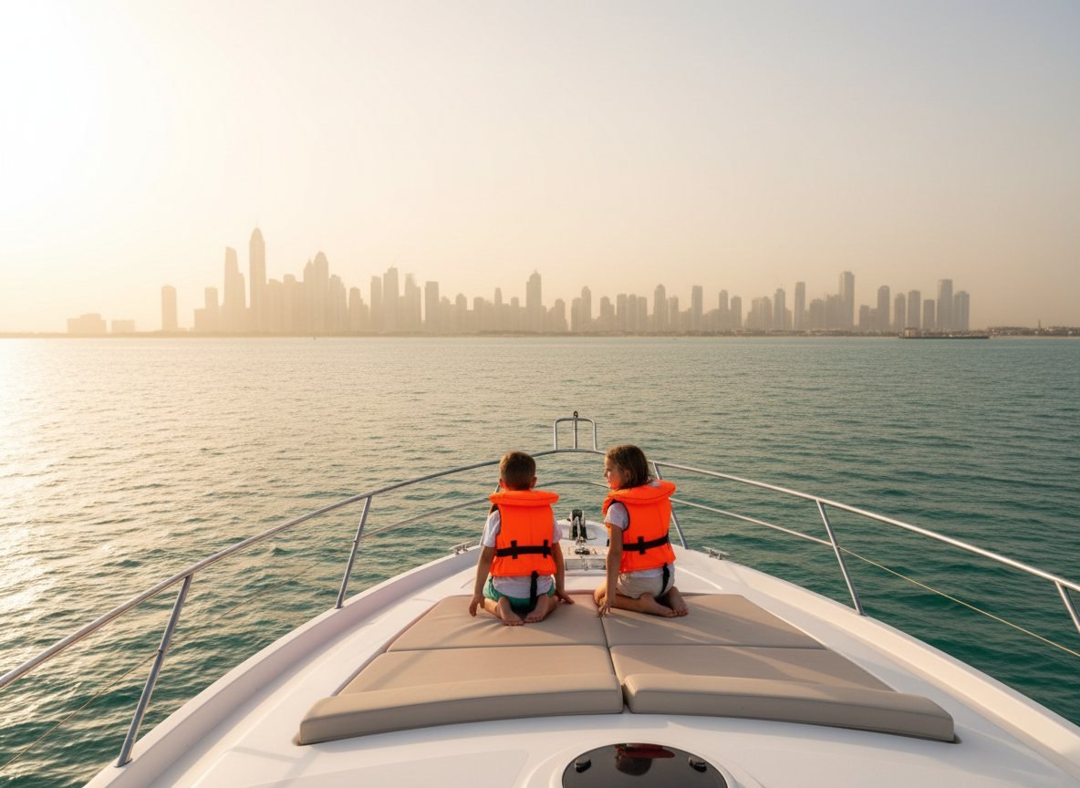 Young children wearing safety life vests watching waves from the yacht bow